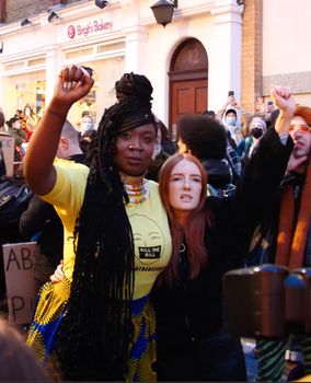 Patsy Stevenson (right) at the protest in Central London today