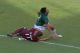 Player sent off after being hit in the face and breaking opponent’s leg during fall