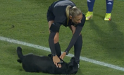 Dog interrupts international football match – insists on belly rubs