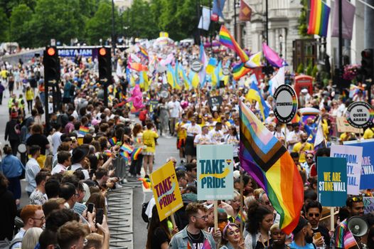 LONDON, ENGLAND - JULY 02: A general view of Pride in London 2022: The 50th Anniversary - Parade on July 02, 2022 in London, England. (Photo by Chris J Ratcliffe/Getty Images)