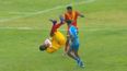 Goalkeeper avoids red card for crazy somersault kick on opponent