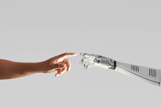 Robot hand touching with human hand stock photo