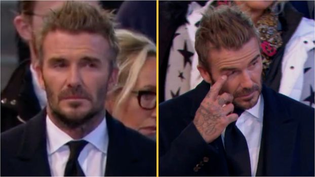 David Beckham cries as he walks past Queen's coffin