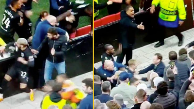 West Ham players clash with hooligans as they dive into the crowd to protect loved ones