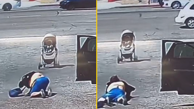 Heart-stopping moment stroller with baby in it rolls towards highway after mum falls over – twice