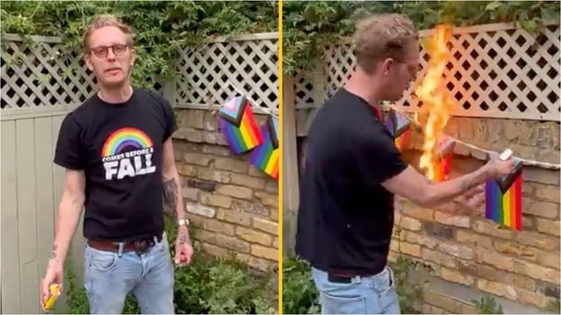 Laurence Fox burns pride flags