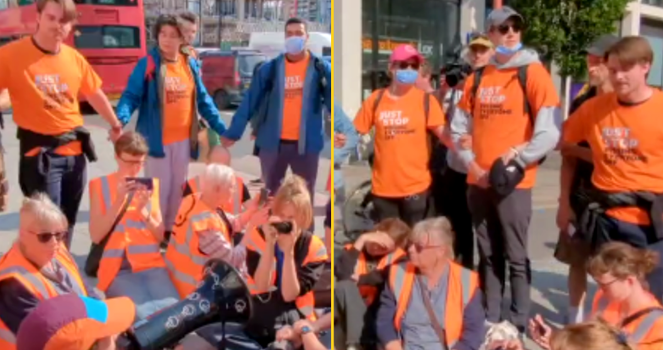 Just Stop Oil protestors surrounded by Just Stop P*ssing Everyone Off protestors to prevent march