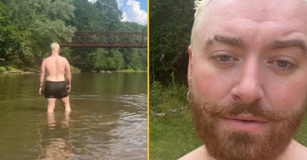Sam Smith shows off new facial hair while posing in lake