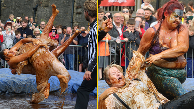 The world gravy wrestling championships got underway at a Lancashire pub garden today