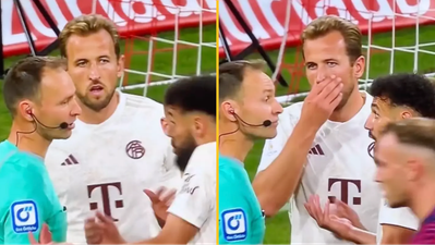 Harry Kane tries to argue with referee but realises he can’t speak German