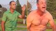Golfer rips off shirt and shows his muscles before challenging another player to a fight