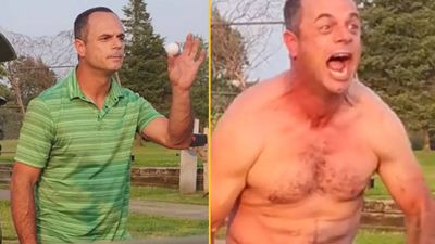 Golfer rips off shirt and shows his muscles before challenging another player to a fight