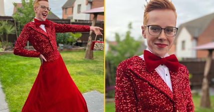 Boy, 16, who wore bright red skirt and sequinned tuxedo jacket to prom goes viral