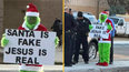 Grinch stands outside primary school with ‘Santa is fake’ sign