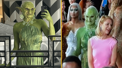 Mystery green goblin on Emmy’s red carpet reveals identity after freaking out internet