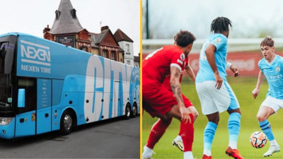 Man City U23’s turn up to Liverpool on first team bus with all five trophies from last season