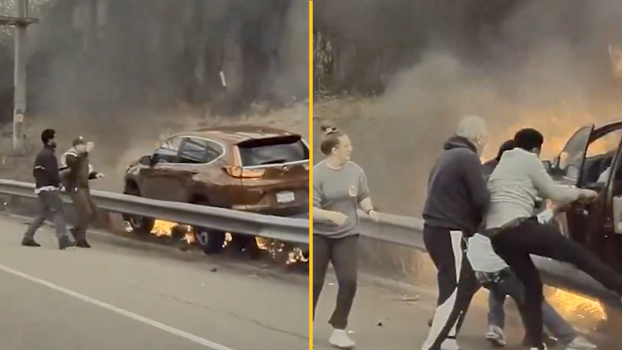 Hero bystanders rescue man from burning vehicle
