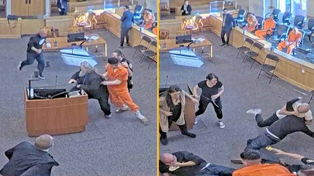 Murder suspect attacked by victim's family in courtroom brawl